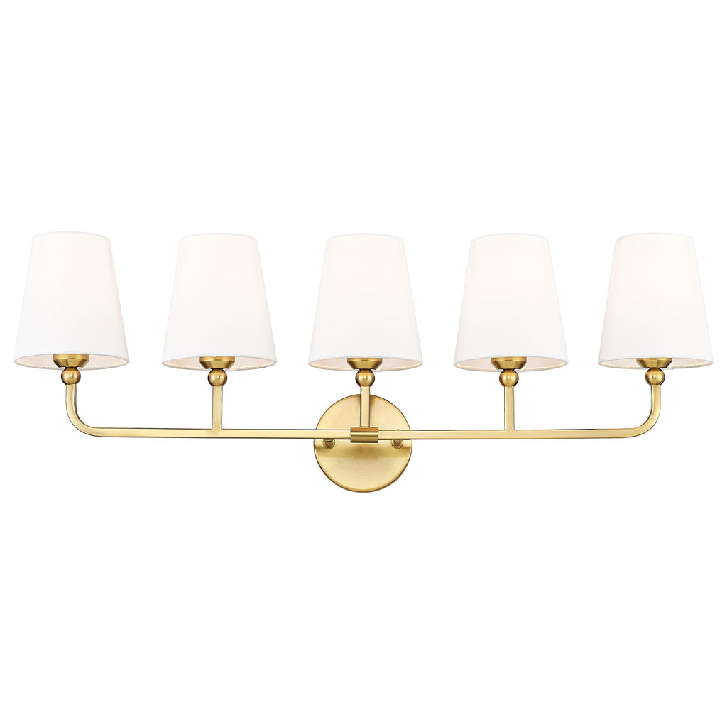 METWET 5-Light Brushed Gold Bathroom Vanity Light, White Fabric Shades