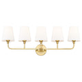 METWET 5-Light Brushed Gold Bathroom Vanity Light, White Fabric Shades