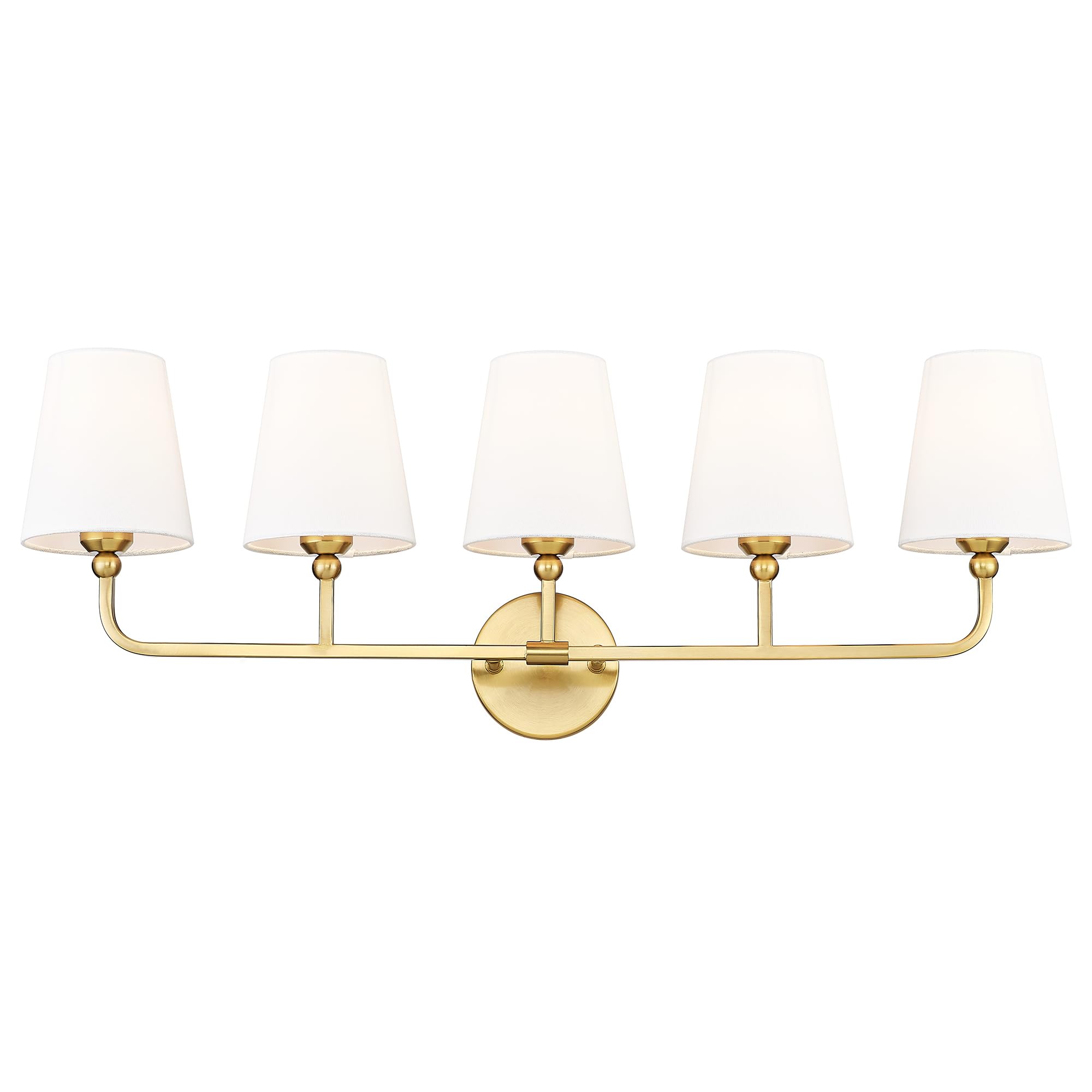 METWET 5-Light Brushed Gold Bathroom Vanity Light, White Fabric Shades