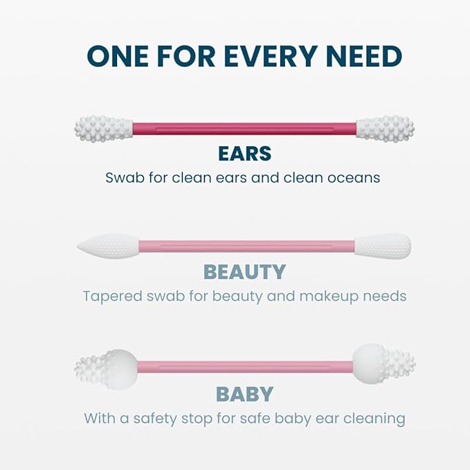 LastSwab™ Reusable Silicone Cotton Swabs for Ear Cleaning - Washable Q Tip & Ear Wax Remover Alternative to Single-Use - Zero Waste, Easy to Clean, Travel Case - Red