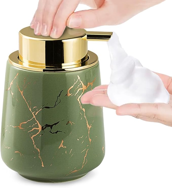 Marble Foam Soap Dispenser for Bathroom, Chic Ceramic Bottle, Gold Soap Dispenser Pump (Green)