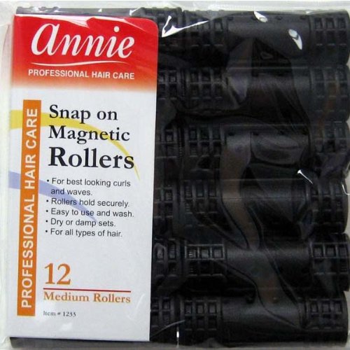 Annie Snap-On Magnetic Hair Rollers, Medium 3/4 Inch, Black Curlers for Curls & Waves, Easy Fast Setting, Secure Comfortable Fit for Dry or Damp Styling