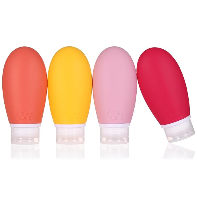 LIYUABU Leak Proof Silicone Travel Bottles,4 Pack 3.4oz Liquid Squeezable Refillable Portable Accessories/Cosmetic Containers,BPA Free,Travel Size Bottles for Toiletries Shampoo Conditioner Lotion