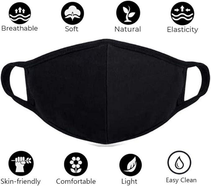 comfso 8 Pack Organic Cotton Face Cover Washable and Reusable - Black Travel Face Mask, Mouth Protection Cloth Masks with Nose Bridge Wire - Soft Fabric for Women Men Outdoor