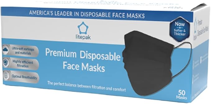 Litepak 500pcs Premium Disposable Face Mask SOFT 3ply Nose Wire - Black
