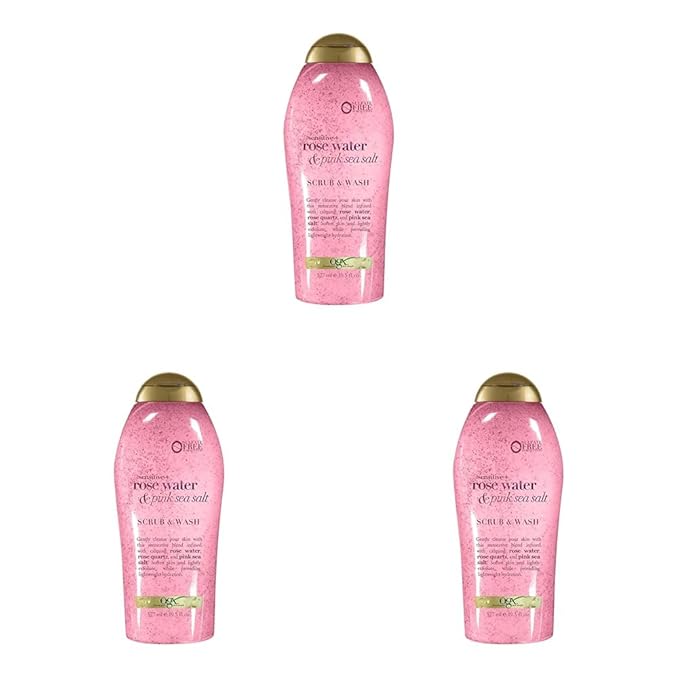 OGX Sensitive + Rose Water & Pink Sea Salt Exfoliating Body Scrub + Rose Quartz, Gentle Exfoliating Daily Wash Softens Skin, Scrub for Women, Sulfate-Free Surfactants, 19.5 fl oz (Pack of 3)