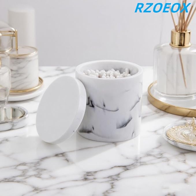 Cotton Swab Holder Round Qtip Holder with Lid, Bathroom White Marble Resin Cotton Ball Canister Jar Cosmetics Makeup Countertop Organizer Containers Canister Apothecary Jar Marblized