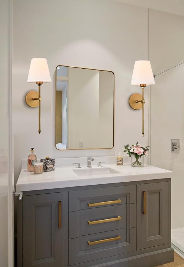 Bsmathom Wall Sconces Sets of 2, Hardwired Classic Brushed Brass Sconces Wall Lighting, Bathroom Vanity Light Fixture with Fabric Shade for Bedroom Living Room Hallway Kitchen, Gold