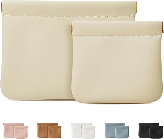 MEIBOOCH 2 Pack Small Makeup Bag for Women, New Organosilicon Super Fiber PU Leather Mini Cosmetic Bag for Travel, Coin Purse Organizer Storage Pouch (No Phrase Printed, Beige)