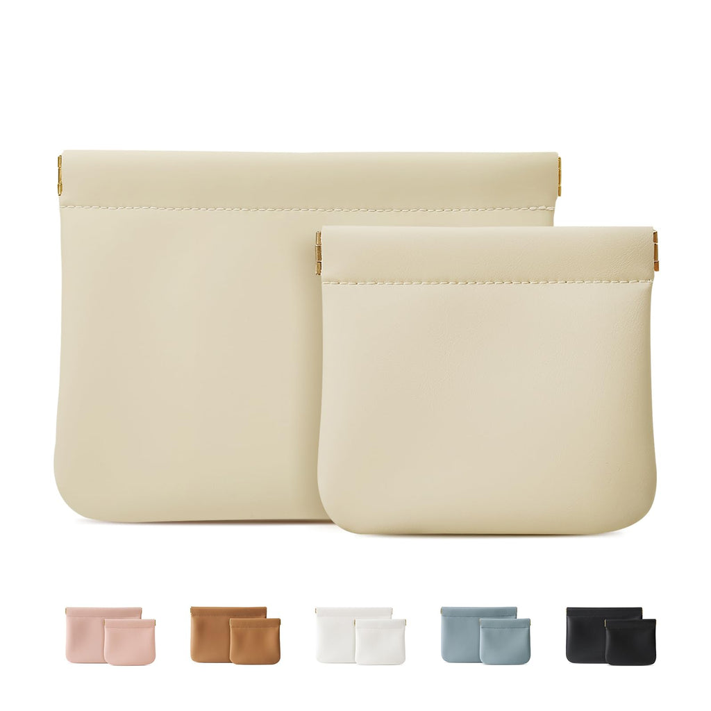 MEIBOOCH 2 Pack Small Makeup Bag for Women, New Organosilicon Super Fiber PU Leather Mini Cosmetic Bag for Travel, Coin Purse Organizer Storage Pouch (No Phrase Printed, Beige)