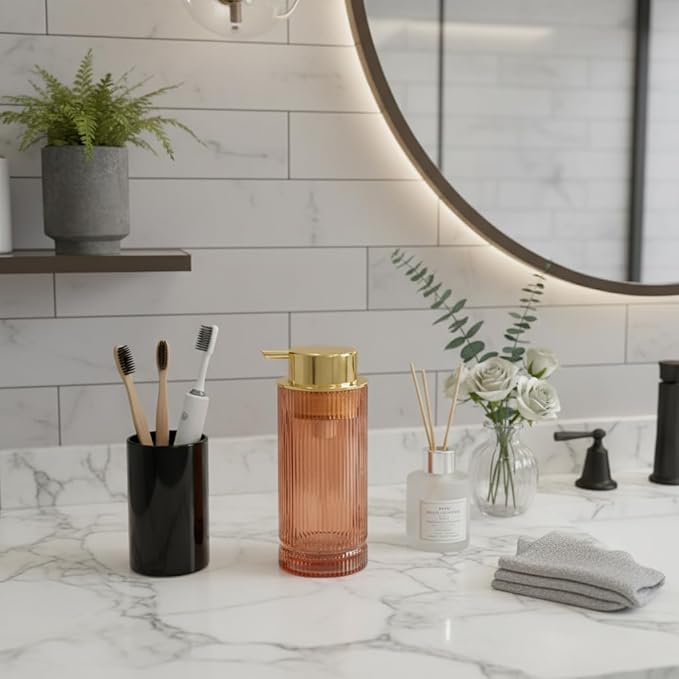 Tonxus Foaming Soap Dispenser, Glass Foam Hand Soap Dispenser with Pump, 14 Oz Bathroom Refillable Liquid Lotion Pump Ribbed Bottle Container for Kitchen Countertop Decor (1, Brown Gold)