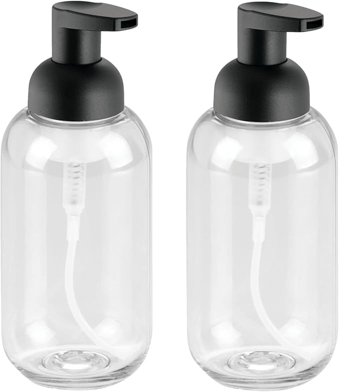 mDesign Round Plastic Refillable Foaming Soap Dispenser Pump Bottle for Bathroom Vanity Countertop - Vintage-Inspired, Compact Container Design - Twain Collection - 2 Pack - Clear/Matte Black