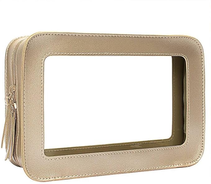 Clear Makeup Bag Organizer, TSA Approved Portable Travel Toiletry Bag Clear Cosmetic Bag Case Small Make Up Bag Mini Makeup Pouch for Purse Transparent Car Essentials for Women Men (Gold)