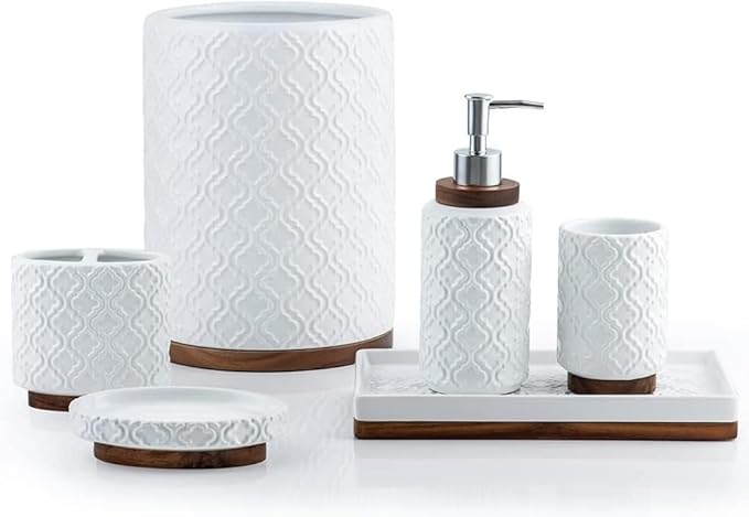 RQYIXI Ceramic 6-Piece Bathroom Accessories Set,with Trash Can