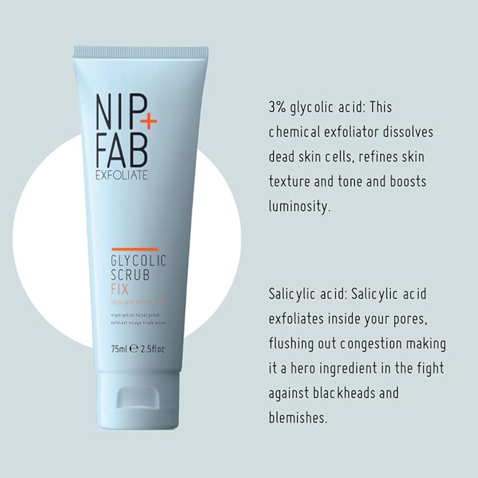 Nip + Fab Glycolic Fix Scrub (2.5 fl oz) – 3% Glycolic Acid 3-in-1 Facial Exfoliator – Brightening AHA Face Scrub with Salicylic Acid for Smooth Radiant Skin,(Pack of 2)