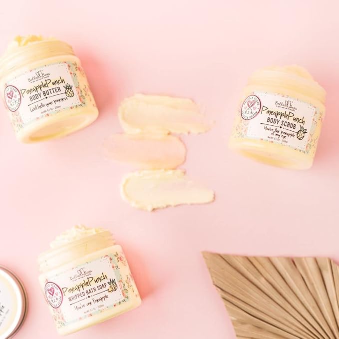 Bella & Bear Pineapple Whipped Body Butter – Vegan Moisturizing Body Cream for Women – Rich Hydrating Skin Butter – Light Tropical Pineapple Scent