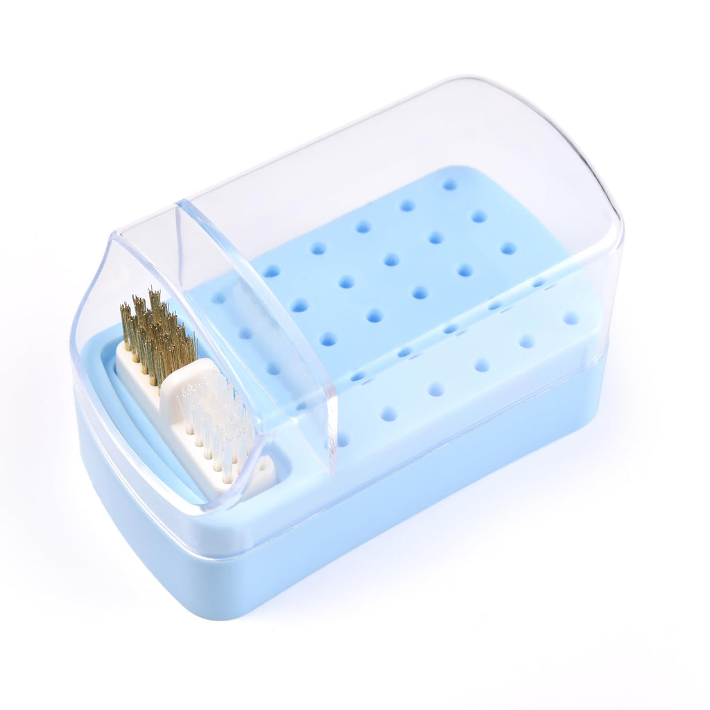 siyuwuro 2 in 1 Nail Drill Bit Holder & Nail Drill Bit Cleaner Brush Case 30 Holes Dustproof Nail Drill Bit Display Stand Organizer Box Manicure Drill Bits Cleaning Brush Bits Storage Tool, Blue