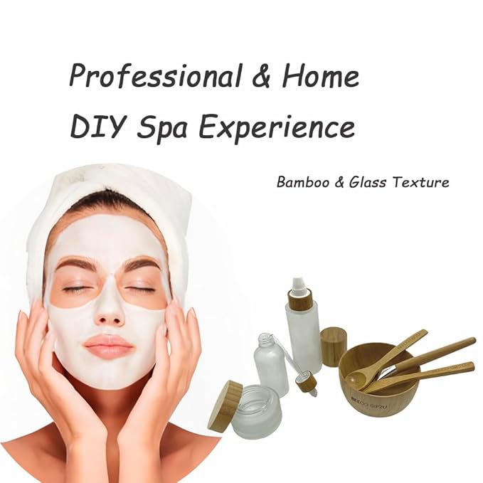 BEECO GIF2U Face Mask Mixing Bowl Set Bamboo,7 Pcs DIY Facemask Mixing Tool Kit with Facial Mask Bowl,Spatula,Spoon,Brush,Empty Refilable Lotion Pump Bottle,Cream Jar and Dropper Bottle for Skincare