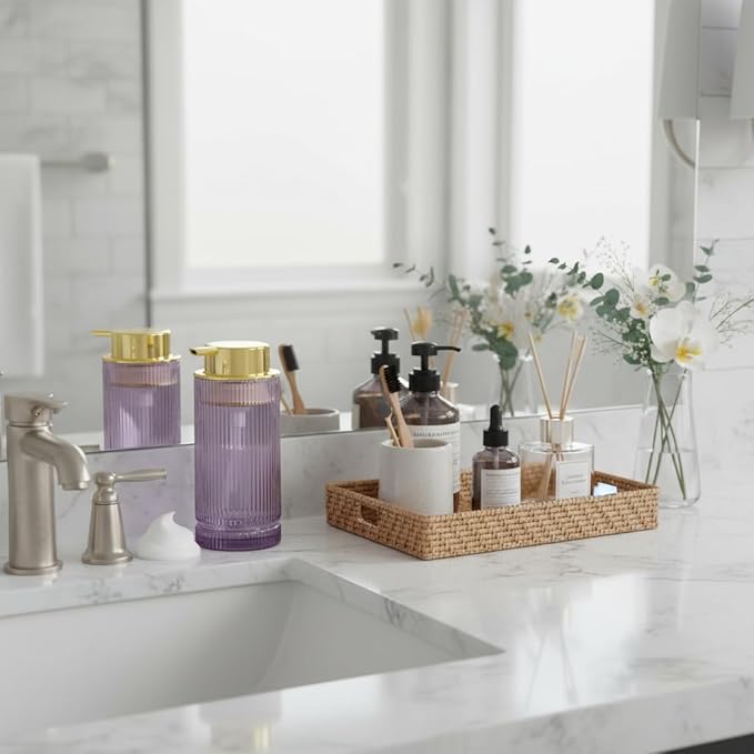 Tonxus Foaming Soap Dispenser, 14 Oz Glass Foam Hand Soap Dispenser with Gold Pump, Purple Bathroom Refillable Liquid Lotion Pump Container Ribbed Bottle for Kitchen Countertop Decor