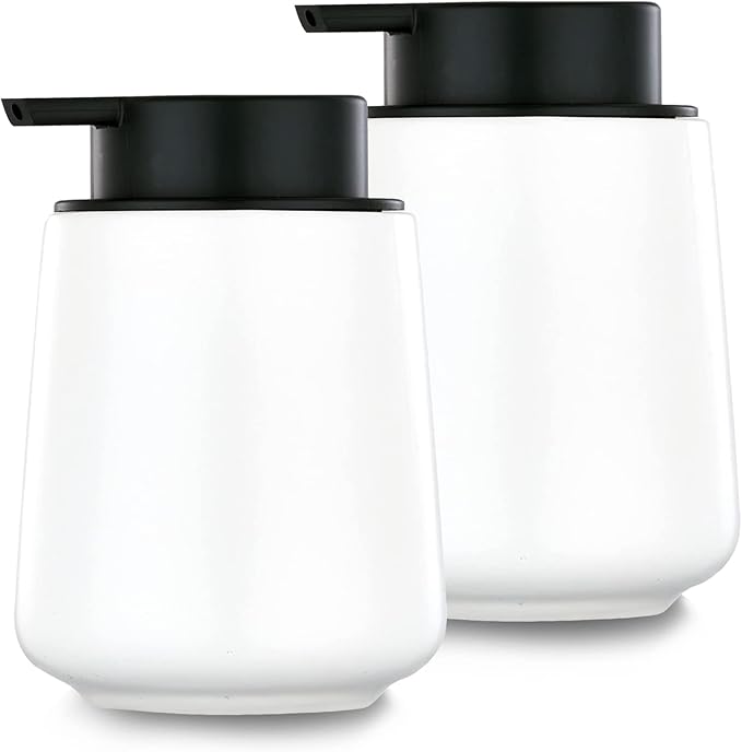 12Oz Hand Soap Dispenser Set - 2 Pack Ceramic Lotion Soap Dispenser Set with Easy-to-Press Black Pump, Refillable Mordern Liquid Dish Soap Dispensers for Bathroom & Kitchen (White, Liquid Pump)