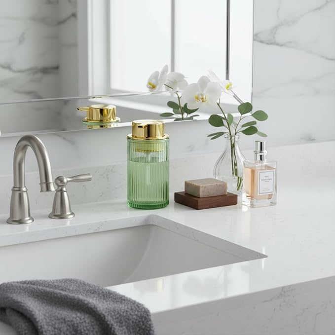 Tonxus Foaming Soap Dispenser, Bathroom Green Glass Foam Soap Dispenser, Refillable 12 Oz Foam Pump Bottle Container with Gold Pump, Decorative Slim Ribbed Dish Soap Dispenser for Kitchen