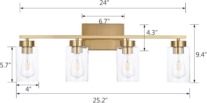 A1A9 4 Light Bathroom Vanity Light Fixtures, Brushed Brass Modern Wall Lights with Clear Glass Shade, Vintage Wall Sconce Lighting for Living Room, Mirror, Bedroom, Hallway (Gold, 4-Lights)