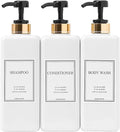 Modern Gold Design Shampoo and Conditioner Dispenser - Large 27oz Shower Soap Dispenser, Set of 3 Refillable Empty Plastic Pump Bottles for Bathroom and Body Wash (6 Waterproof Labels Included), Black