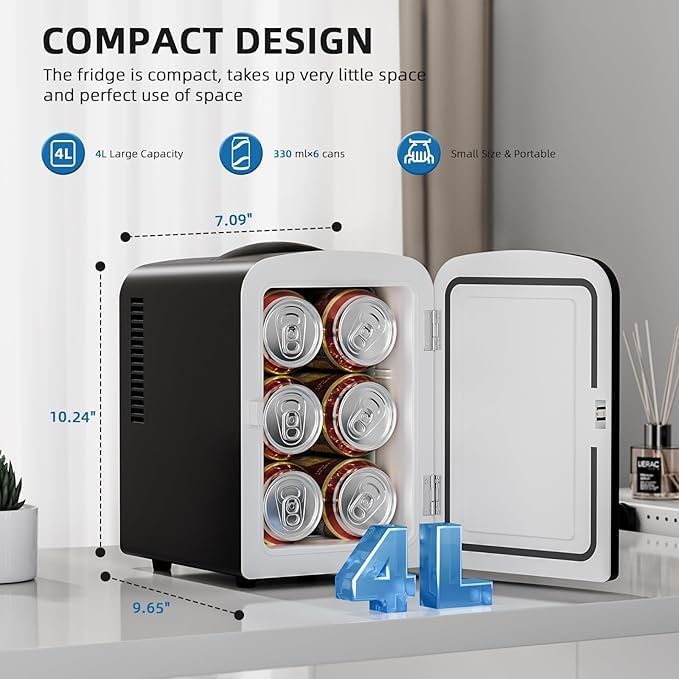 Electactic Compact Refrigerator, Portable Mini Fridge, Skin Care 4L/6 Cans, for Bedroom, Car, Office & Dorm, Small Cooler for Cosmetics, Beverage and Food, White