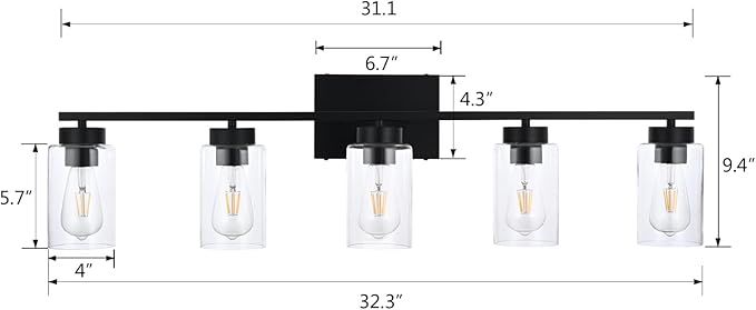 A1A9 5 Light Bathroom Vanity Light Fixtures, Matte Black Modern Wall Lights with Clear Glass Shade, Vintage Wall Sconce Lighting for Living Room, Mirror, Bedroom, Hallway (Black, 5-Lights)