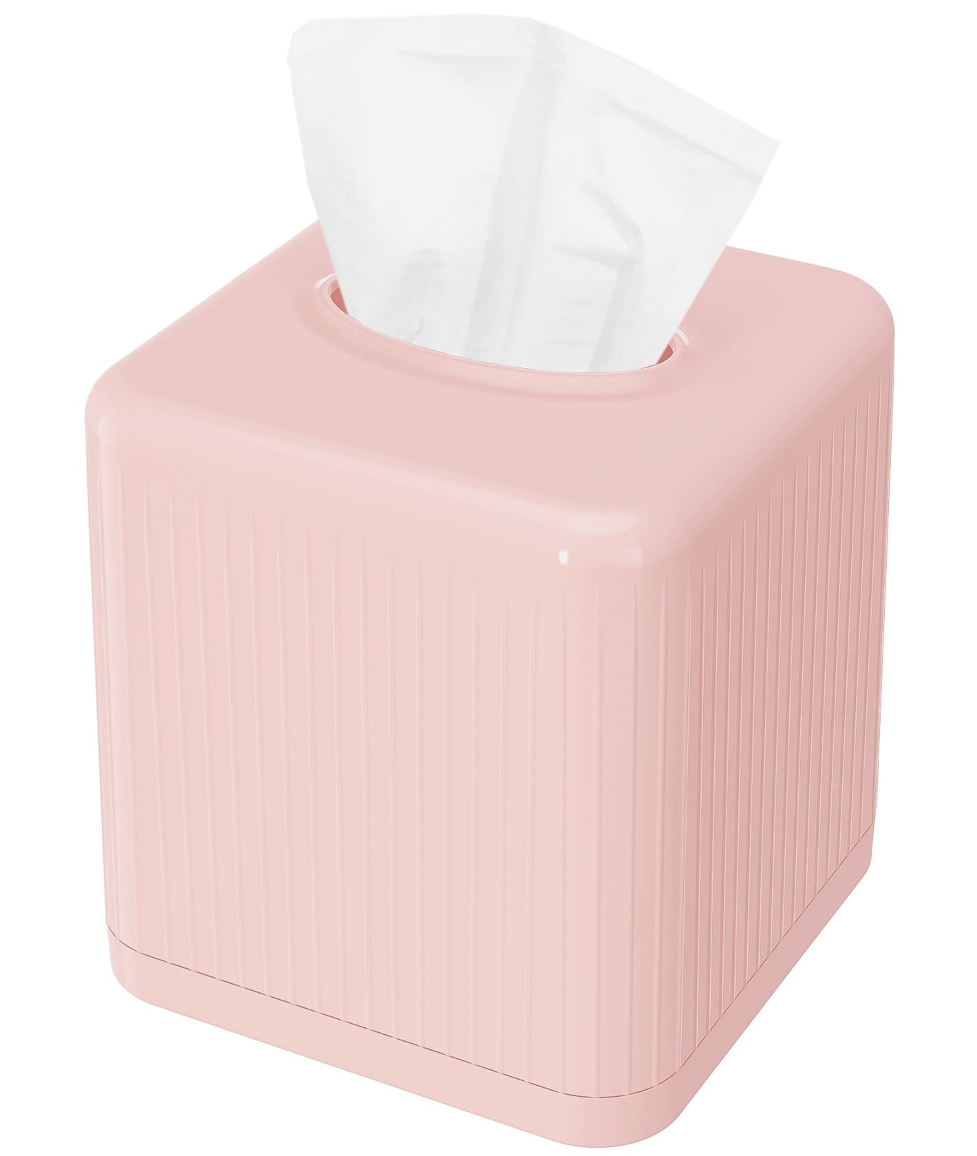 Livelab Tissue Box Cover with Base - Square Plastic Holder, Decorative Case, Modern Facial Paper Dispenser for Bathroom, Vanity Countertops, Night Stands, Desk - Pink