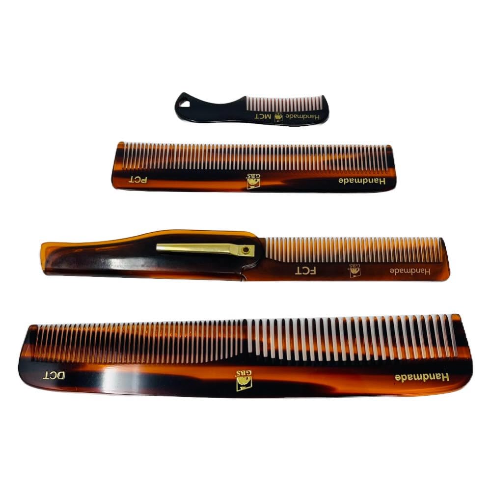 Handmade Tortoise Shell Comb Set – Pack of 4 Premium Fine-Tooth Combs for Men & Women – Includes Pocket, Folding, Dressing & Mustache Combs – Stylish Hair & Beard Grooming Kit