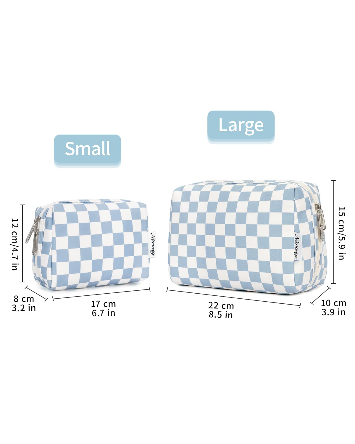Narwey Small Checkered Makeup Bag for Purse Mini Cosmetic Bag Travel Makeup Pouch Zipper Pouch Cute Make up Bags with Compartments for Women Girls (Small, Sky Blue Checkerboard)