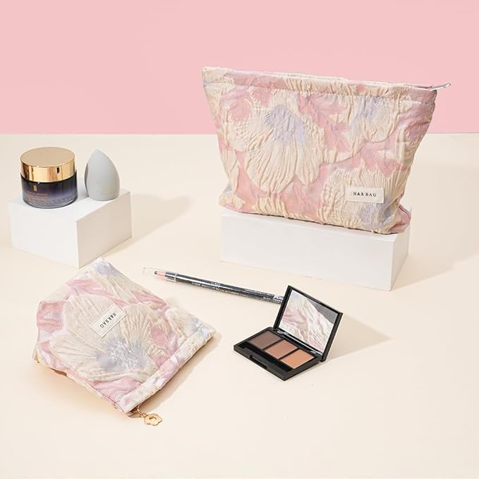 BOCGRPU 2 PCS Makeup Bag Small Cute Makeup Pouch Floral Cosmetic Bag for Women，Soft Toiletry Bag Pouch for Purse, Stereoscopic Emboss Craft Makeup Bag with Zipper（ Relief Pink Flower）