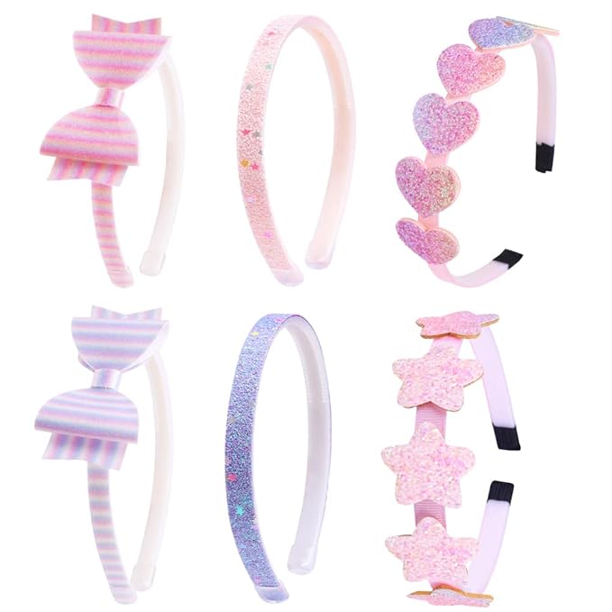 6 pack Girls Headbands Glitter Kids Hair Accessories Bow/Heart/Star Shaped Sweet Hairband For Toddler/Girls/Teens