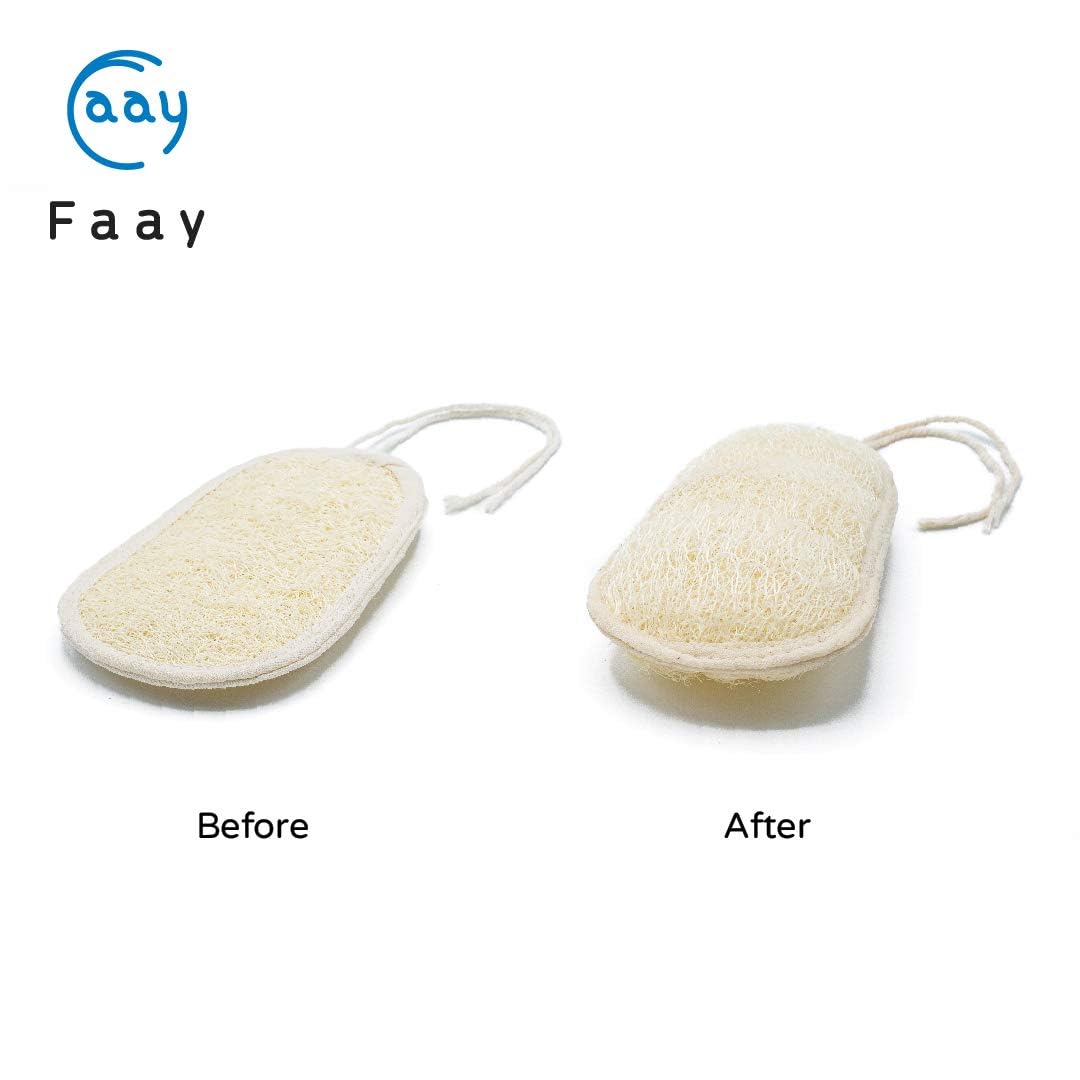 FAAY 17 Inch Natural Exfoliating Loofah Back Scrubber On a Stick with Luffa Sponge Pads Refills – Long Handle Loofa Body Bath & Shower Brush for Men & Women