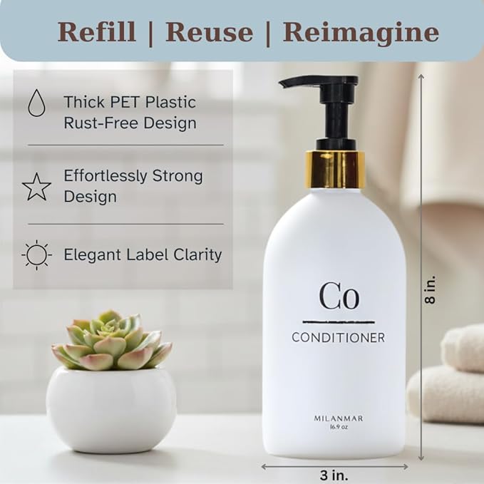 Milanmar Shampoo & Conditioner Shower Dispenser Set, Pearl White - Empty Matte Plastic Bottles, 16.9 oz Pump Containers, Luxury Bathroom Decor, 3 Pack for Spa, Airbnb [White-Gold]