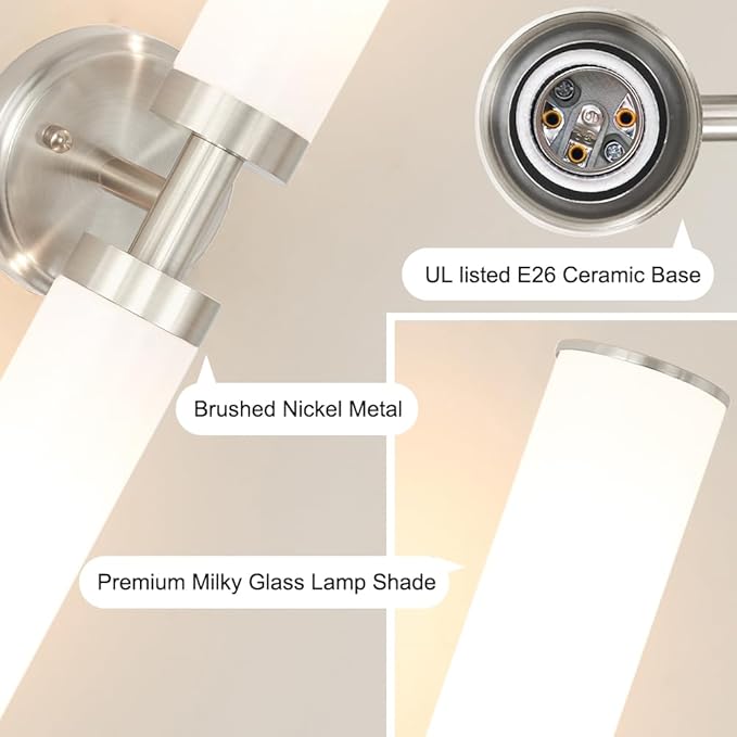 Brushed Nickel Wall Sconces Set of 2, Modern Bathroom Vanity Lights for Mirror, Wall Light Fixtures with Milk Glass for Bathroom, Bedroom, Hallway, E26 Base, Bulbs Required, 22.05 Inch