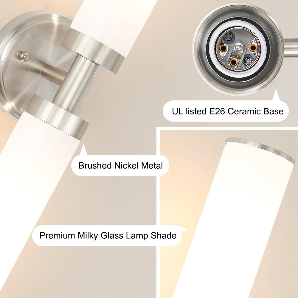 OIYIO Brushed Nickel Wall Sconces Set of 2, Modern Bathroom Vanity Lights for Mirror, Wall Light Fixtures with Milk Glass for Bathroom, Bedroom, Hallway, E26 Base, Bulbs Required, 22.05 Inch