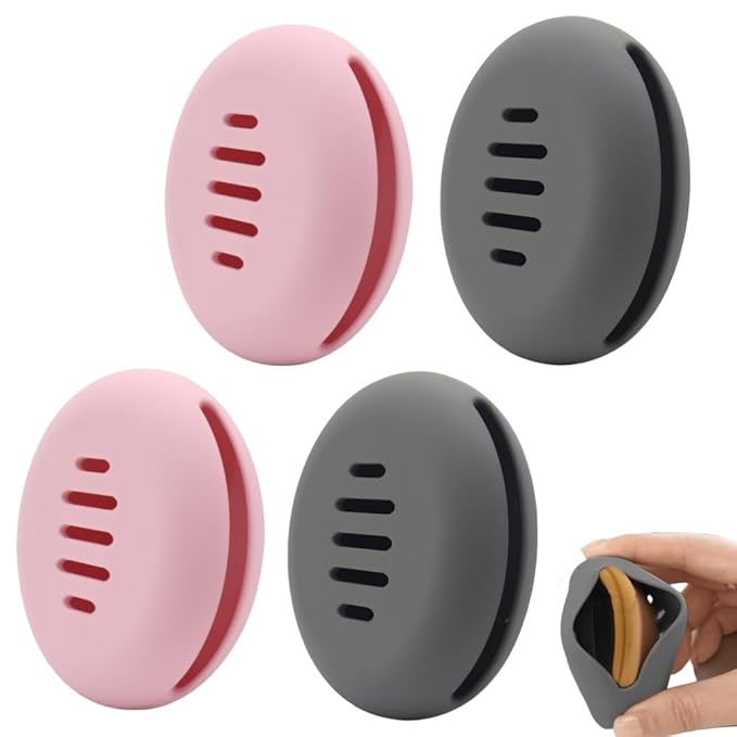 Ouliget Portable Powder Puff Case,Breathable Round Makeup Puff Protective Container,Silicone Make-up Storage Box Travel Quick Drying Easy to Carry,4 Pieces,Pink+Grey