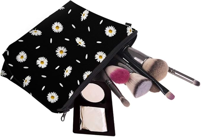 Aiphamy Cute Travel Makeup Bag Cosmetic Bag Small Pouch Gift for Women (Daisy Black)
