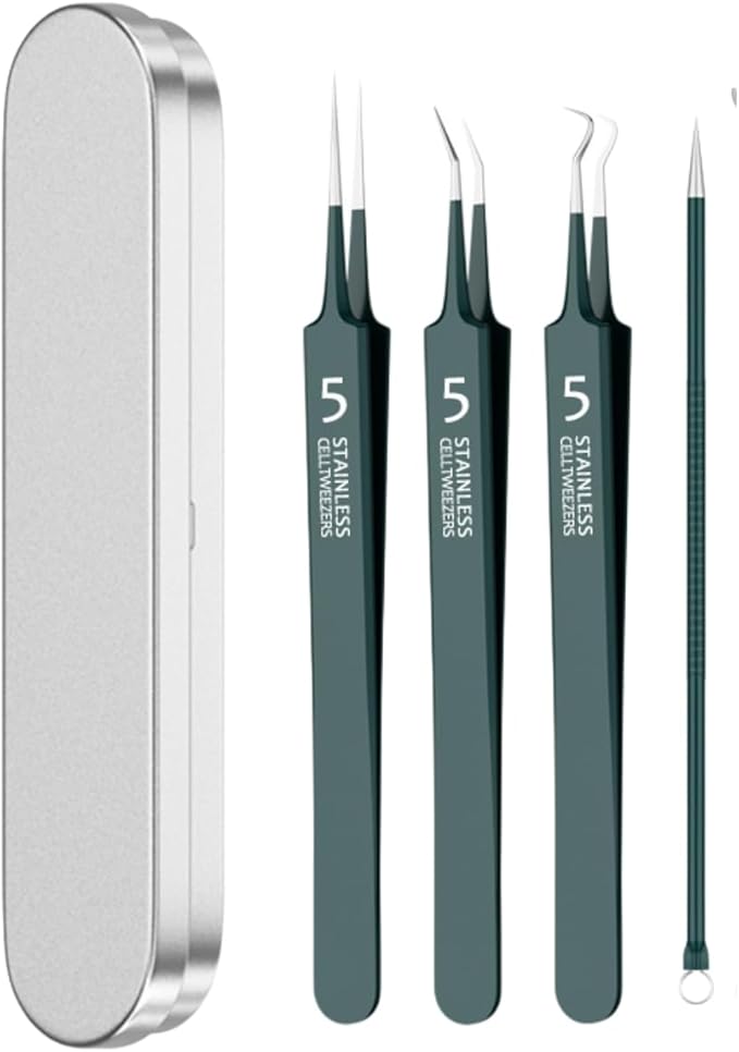 Usiveinborn Blackhead Remover Upgraded, Usiveinborn Blackhead Tweezers, Professional Upgraded Facial Blackhead Remover Tweezers, Blackhead Remover Tools Sets (A2-Green-4pcs)