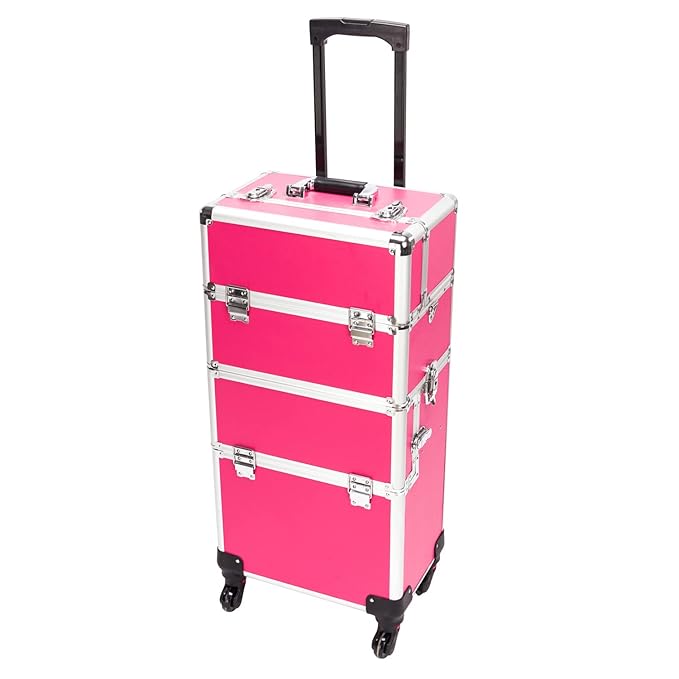 mefeir 3 in 1 Rolling Makeup Train Case, Aluminum Makeup Travel Organizer Cosmetic Case, Cosmetology Display Suitcase on Wheels, Beauty Storage Luggage Lockable w/4 Removable Wheels
