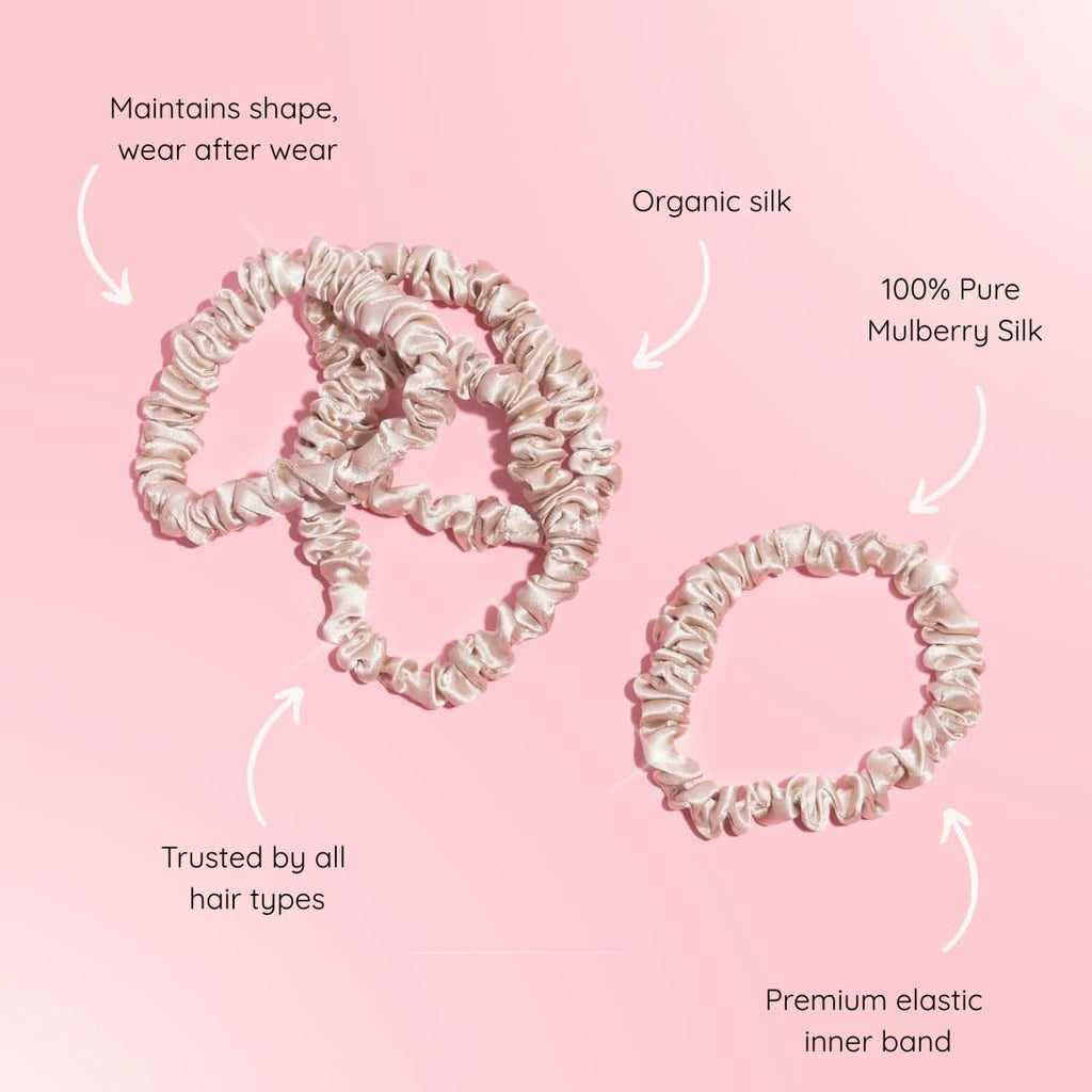 SILKIE x4 Set 100% Pure Mulberry Silk Black Brown Chocolate Pink Nude Neutral Skinny Scrunchies Travel Pouch Everyday Hair Ties Elastics Hair Care Ponytail Holder No Damage (Champagne)