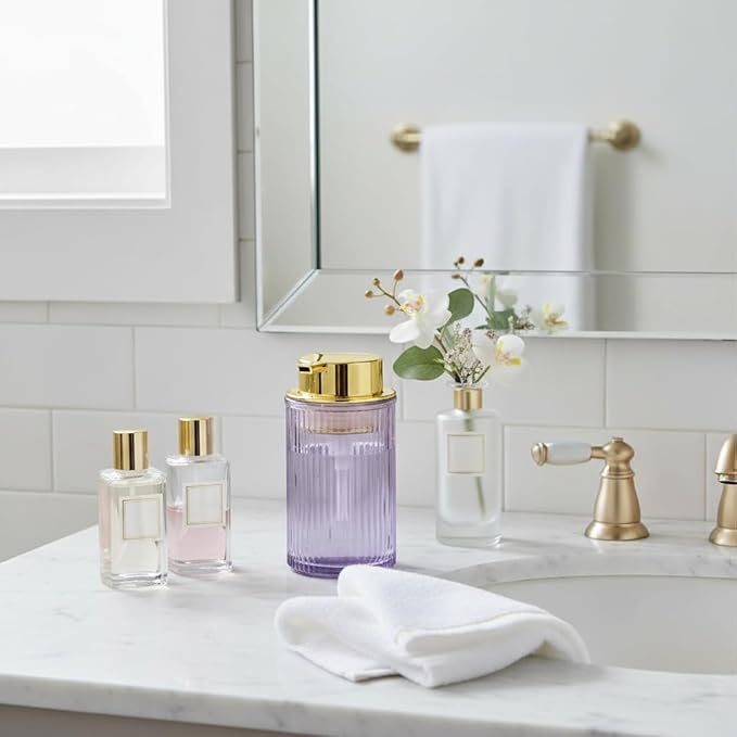 Tonxus Foaming Soap Dispenser, 12 Oz Purple Glass Soap Dispenser, Refillable Liquid Lotion Container Foam Gold Pump Bottle Decorative Modern Slim Ribbed Bottle for Bathroom and Kitchen