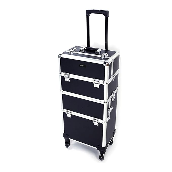 mefeir 3 in 1 Rolling Makeup Train Case, Aluminum Makeup Travel Organizer Cosmetic Case, Cosmetology Display Suitcase on Wheels, Beauty Storage Luggage Lockable w/4 Removable Wheels
