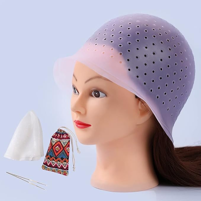 MILANGE Pre-punched Highlight Cap Sets (White and Purple) - Open Holes Reusable Silicone Hair Dye Caps with Hook for Professional Tipping and Home Salon Use