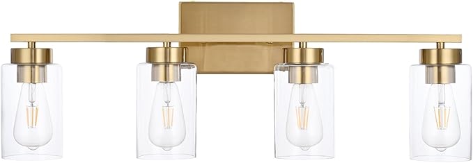 A1A9 4 Light Bathroom Vanity Light Fixtures, Brushed Brass Modern Wall Lights with Clear Glass Shade, Vintage Wall Sconce Lighting for Living Room, Mirror, Bedroom, Hallway (Gold, 4-Lights)