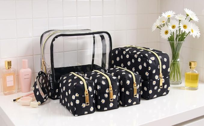 Emma & Chloe Travel Toiletry Bags for Women, 5 Piece Waterproof Cosmetic Case, Bag, Pouch Makeup Organizer Set for Women, Home Counters (Delicate White Daisies)