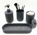 LGURT 4-Piece Dark Gray Plastic Bathroom Accessory Set, Lotion Soap Dispenser, Tumbler, Cotton Swab Cup & Vanity Tray (7.87" × 2.56") – Modern Home Decor for Apartment, Dorm & Guest Bath