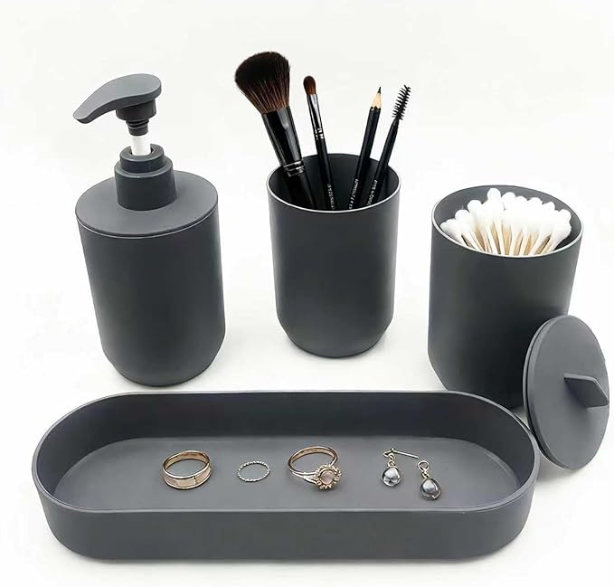 LGURT 4-Piece Dark Gray Plastic Bathroom Accessory Set, Lotion Soap Dispenser, Tumbler, Cotton Swab Cup & Vanity Tray (7.87" × 2.56") – Modern Home Decor for Apartment, Dorm & Guest Bath